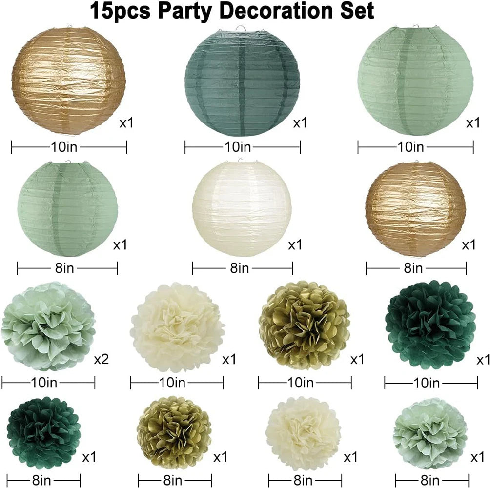 Sage Green Party Decorations Paper Lanterns Pom Poms Tissue Flower
