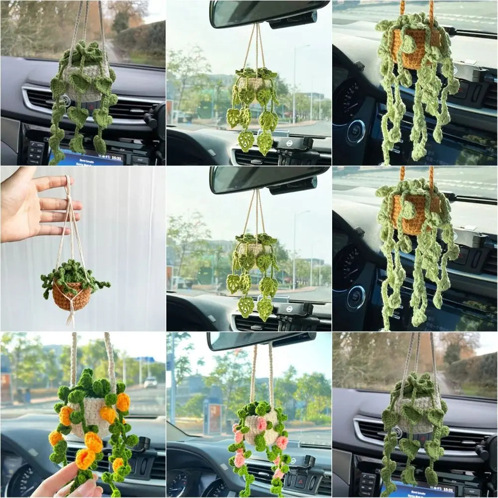 Mirror Hanging Car Ornament Plant Crochet Pendant Potted Plants Basket Zpaxo