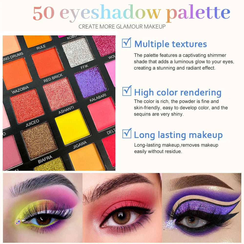 50 Rainbow Eyeshadow Palette Shimmer Matte Finish Nude Neon Glitter Zpaxo