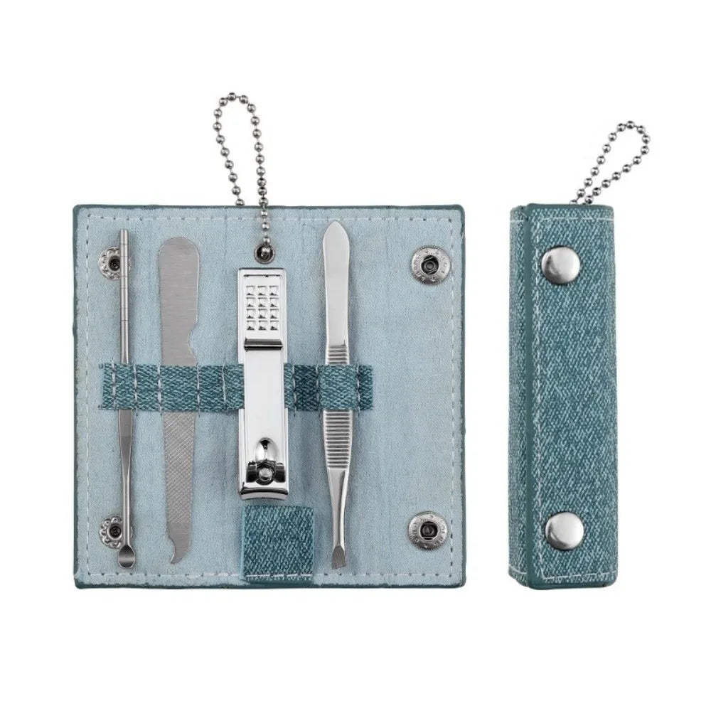 Travel 4 in 1 Nail Clipper Kit Stainless Steel PU Leather Case Manicure Tools Set Ear Spoon Mini Eyebrow Trimming Tool Zpaxo Blue