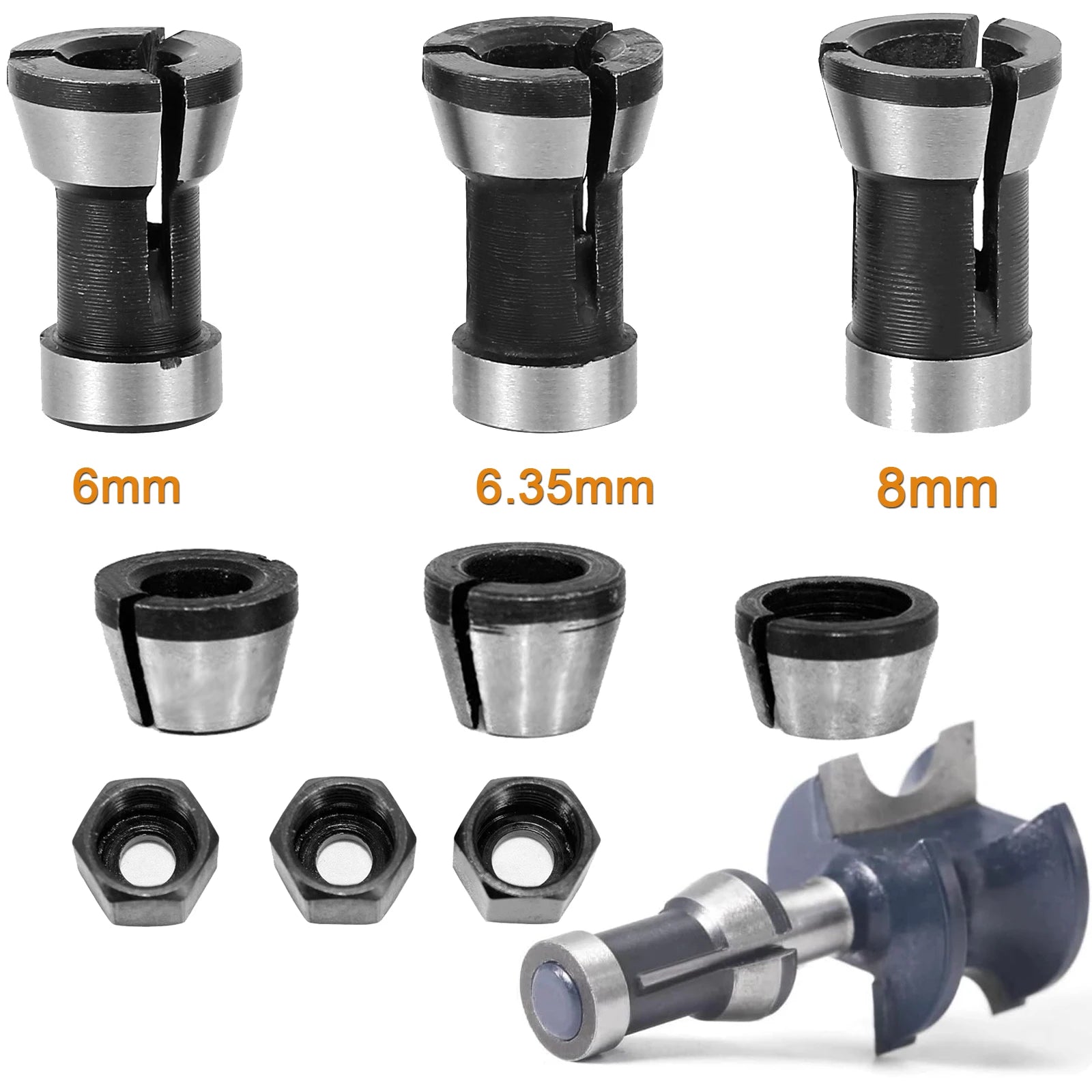 12/6PCS Router Collet Chuck 6mm 6.35mm 8mm Router Bit Collet Chuck Clamping Adapter for Woodworking CNC Engraving Trimming Carvi Zpaxo