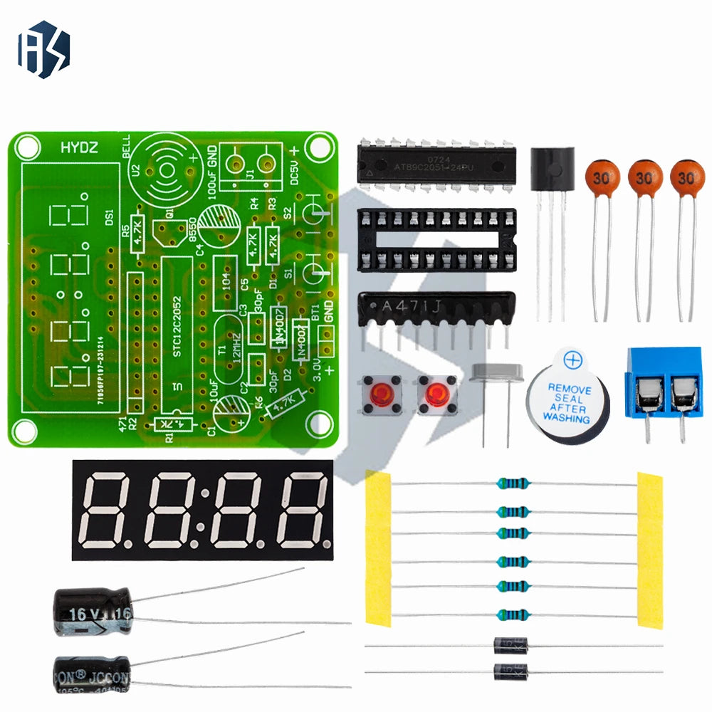 ‌AT89C2051-24PU 8051 Microcontroller LED Clock Kit – 4-Digit 7-Segment DIY Soldering Project with DS1307 RTC (I²C) | Alarm/Timer Zpaxo