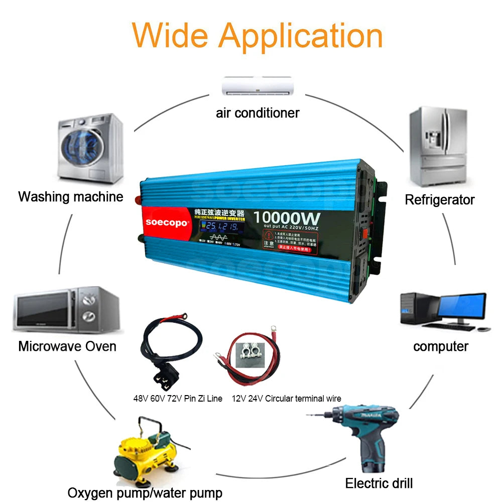 Pure Sine Wave Inverter 10000W Dual Voltage Design for Car/Trucks/E-Motorcycle/Home 12V/24V/48V/60V/72V to 110V/220V LCD Display Zpaxo