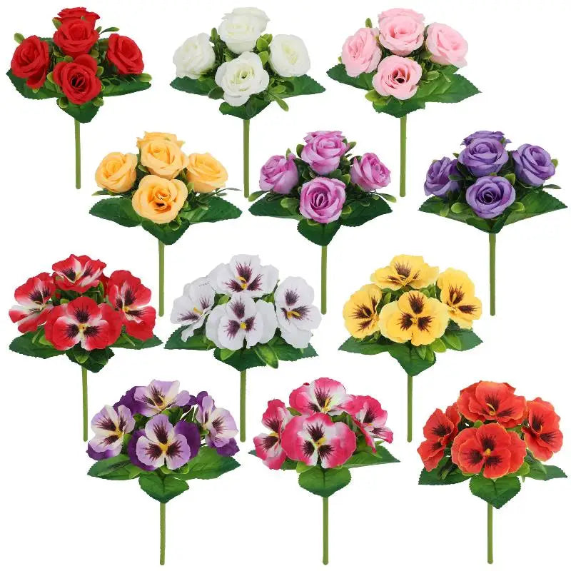 Artificial Pansy Flowers Silk Rose Bouquet Realistic DIY Simulated Floral Arrangement Wedding Home Party Table Centerpiece Zpaxo