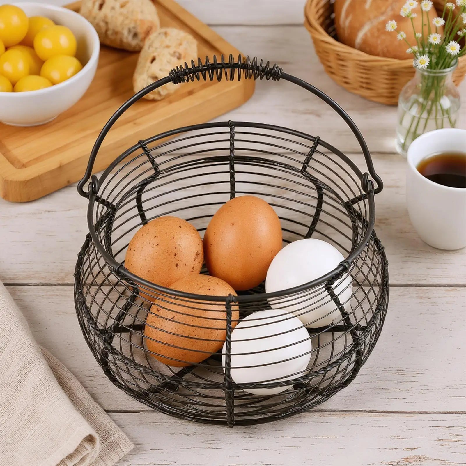 Small Egg Basket Vintage Woven Storage Stand Handle Counter Holder