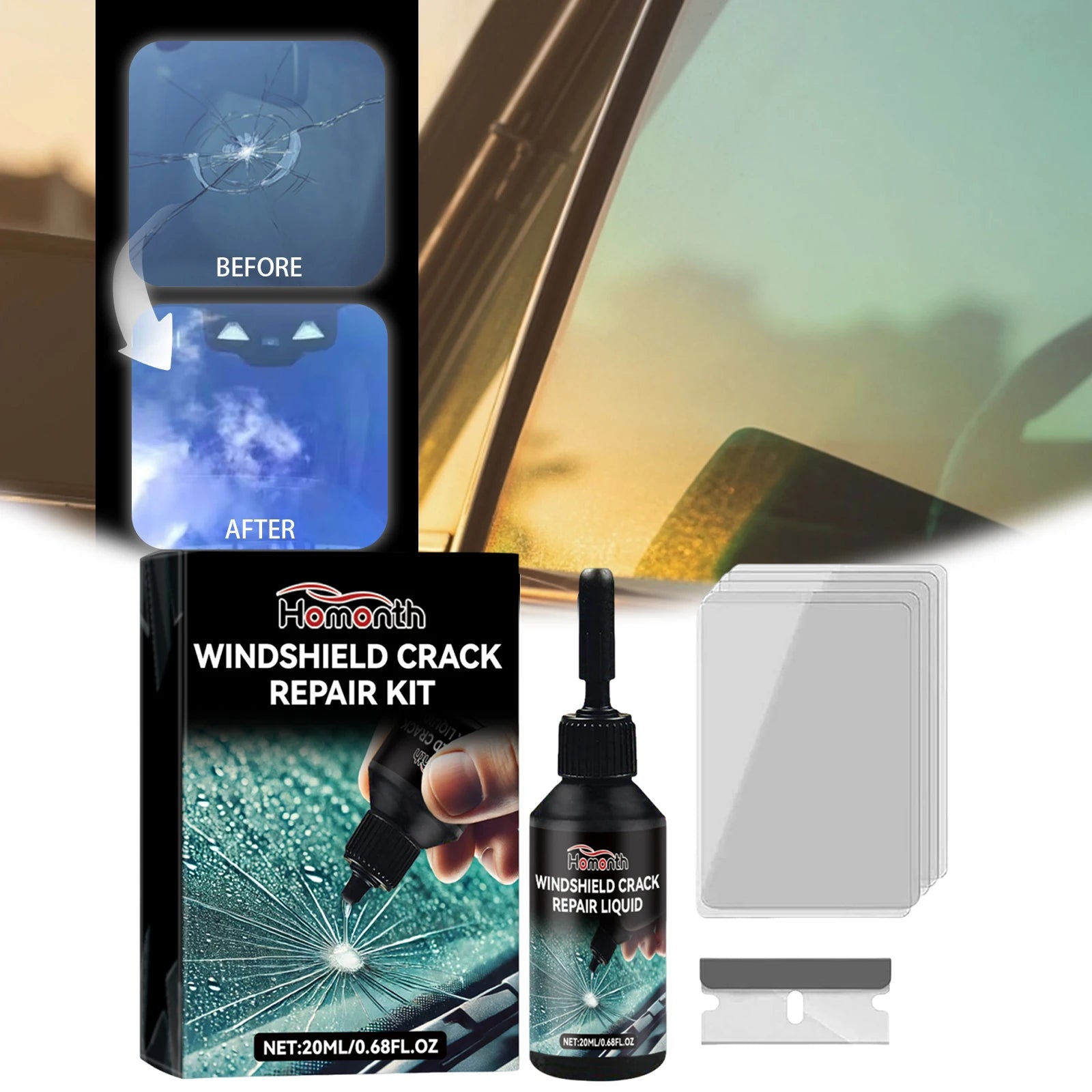 Windshield Chip Repair Kit with 1 Blade 5 Curing Films Glass Repair Liquid for Fixing Chips and Star Shaped Crack Zpaxo