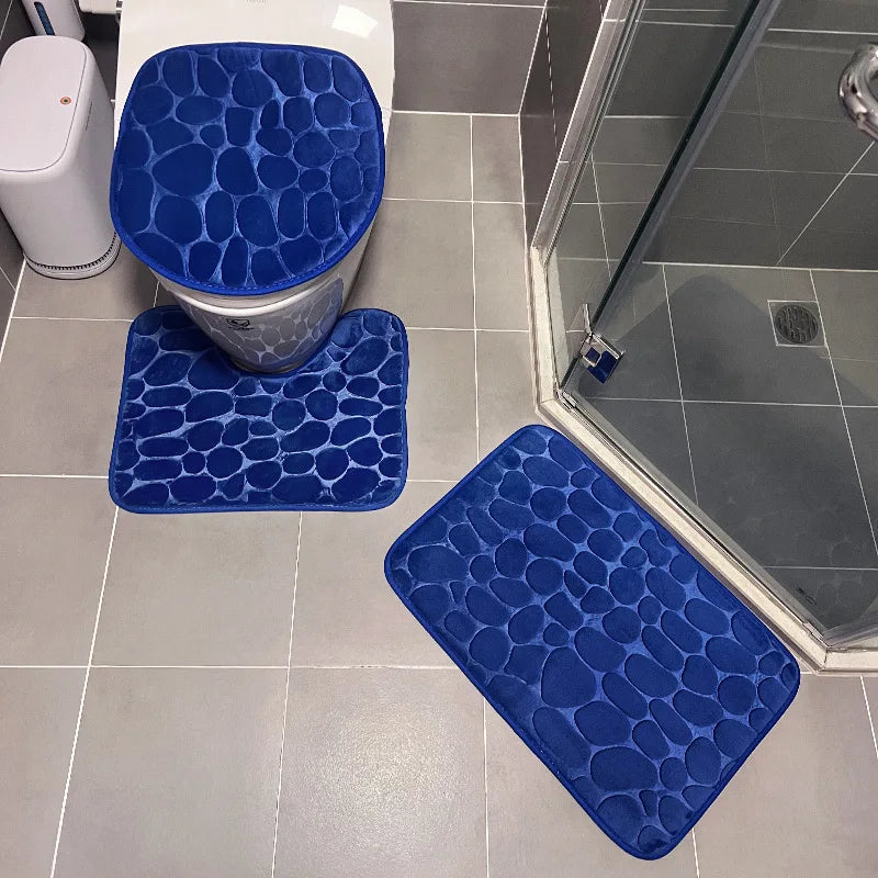 3PCS Solid Color Simple Bathroom Water-absorbing and Non-slip Floor Mat Stone Pattern, Comfortable and Soft, Three-piece Set Zpaxo Blue Three piece set