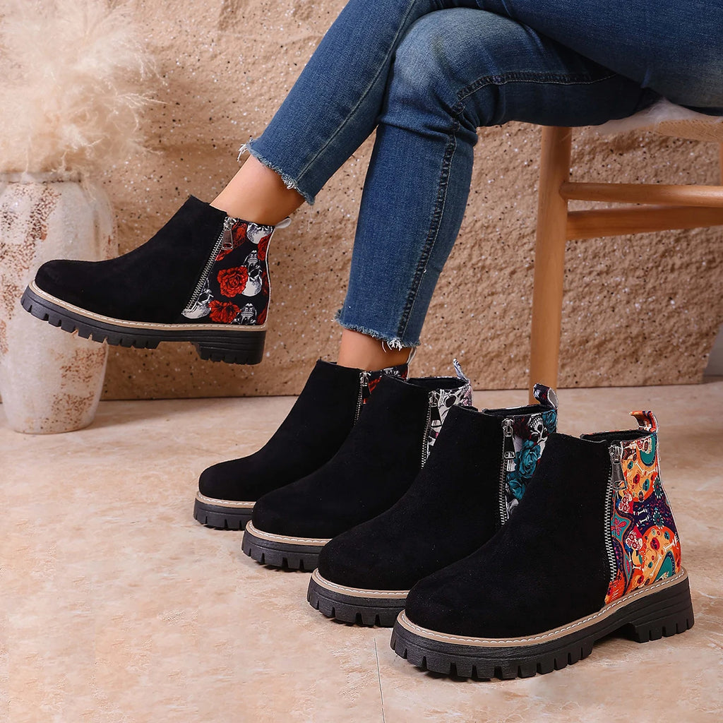 Autumn Winter Women Ankle Boots Mid-heel Embroidered Mid-tube Booties Outdoor Designer Woman Boots Warm Cotton Shoes Women Zpaxo