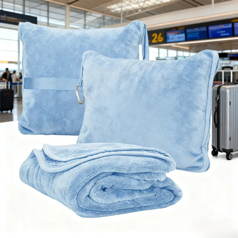 Flannel Travel Pillow Blanket 2-in-1, Double-Sided Coral Winter Warm Shawl for Airplane Office Nap, Portable Storage Embroidered Zpaxo WXT-blue-A