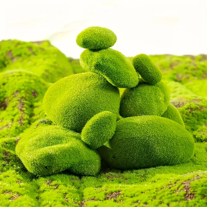 3 Artificial Moss Rocks Decorative Green Covered Stones Fake Decor