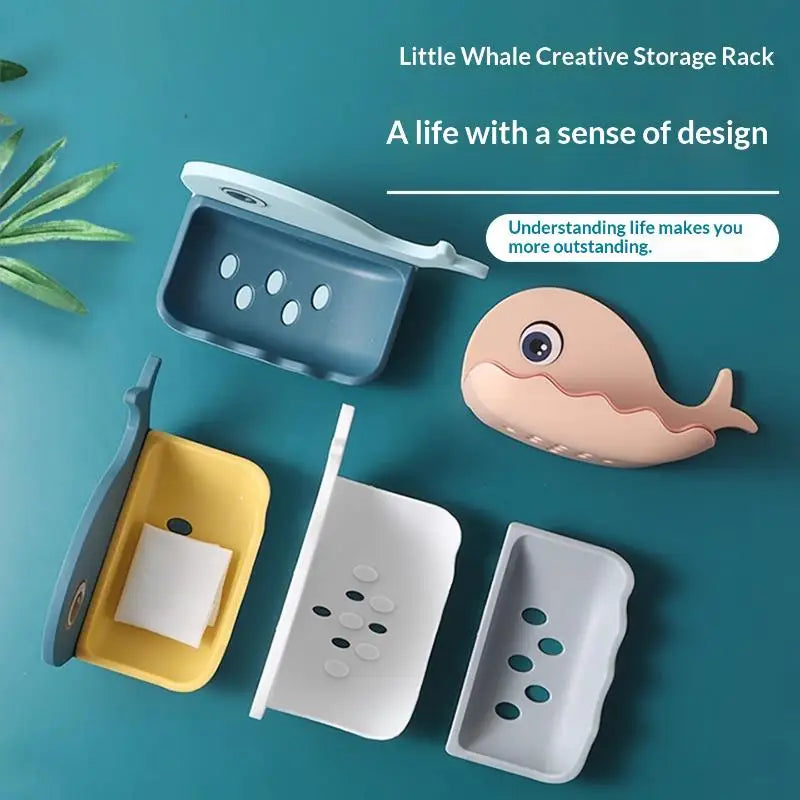 Whale Soap Dish – No-Drill Adhesive Double-Layer Drain Holder