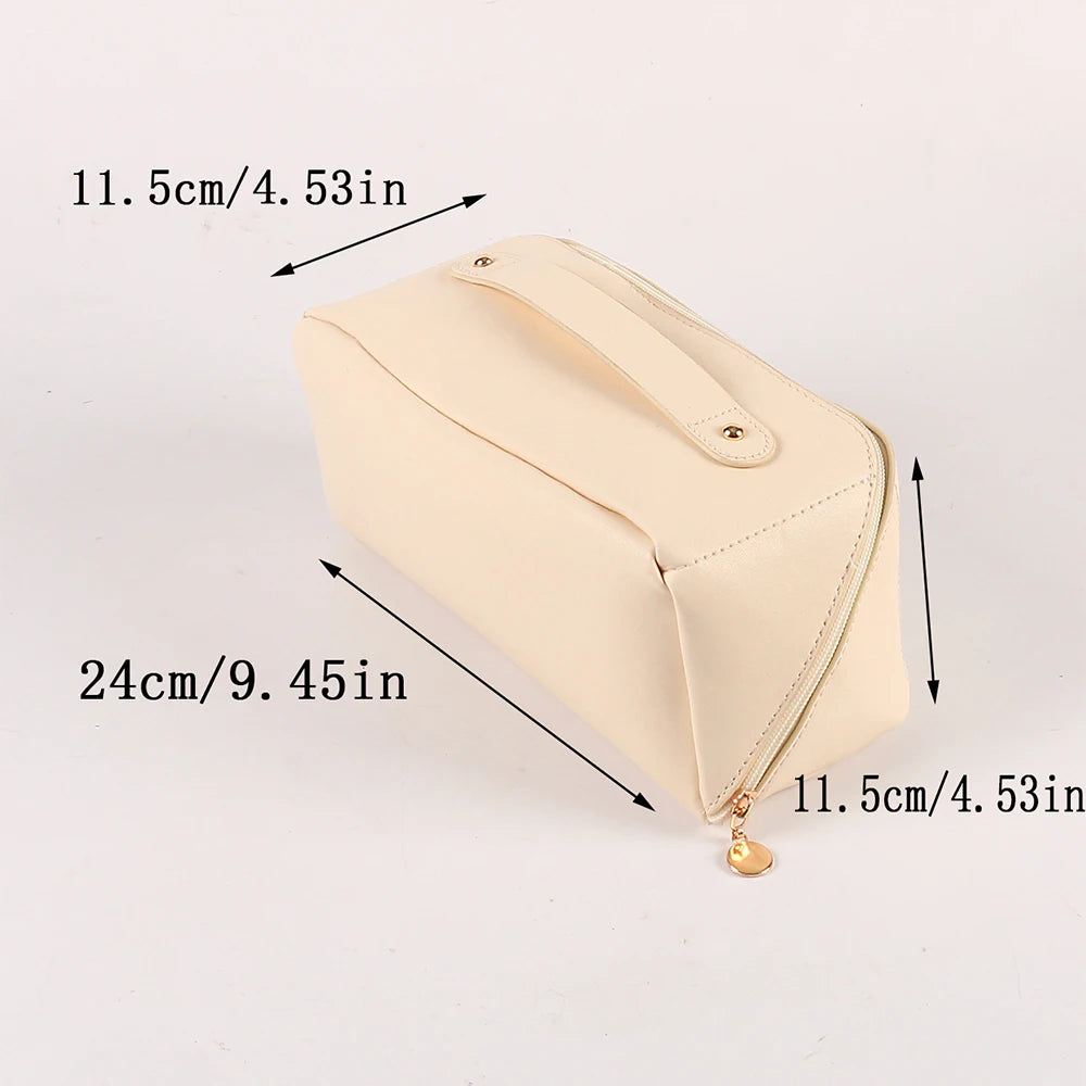 Travel Cosmetic Bag Large-Capacity Makeup Storage Bag Waterproof PU Leather Pillow Shape Toiletries Organizer Zpaxo Beige