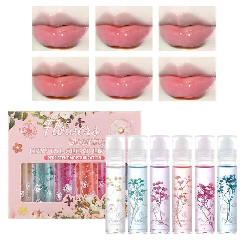 Flower Roll-On Lip Oil Gloss Set – Hydrating & Clear, 6 Pcs Lip Oil Gloss Set Zpaxo