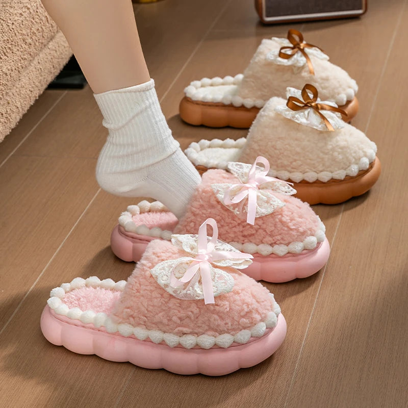 Winter Warm Fur Slippers Women Thick-soled Household Cute Bow Non