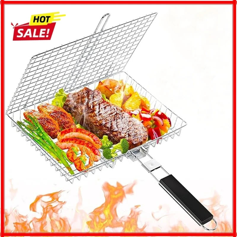 Portable Metal iron Folding Grill Basket BBQ Grill Basket With Handle for Fish Vegetables Shrimp Cook Accessories Outdoor Zpaxo