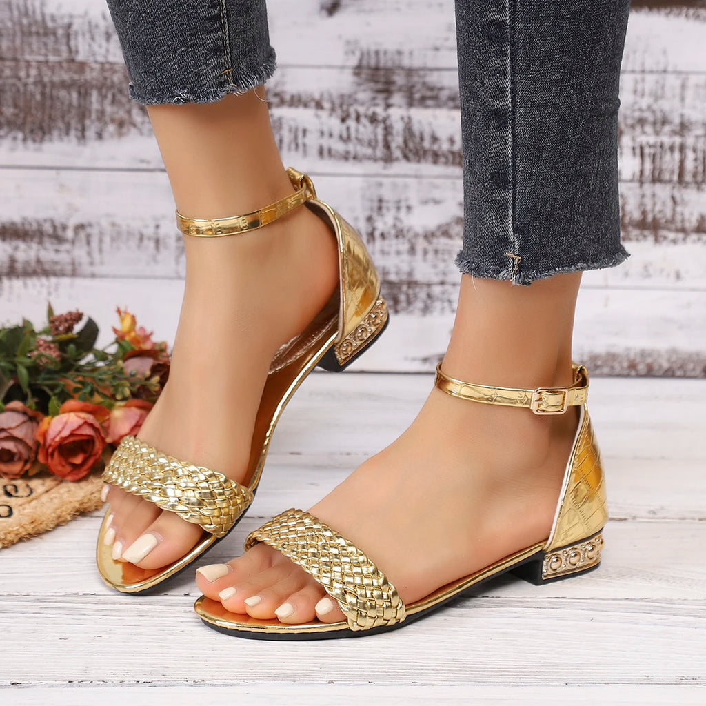 Women Sandals 2026 New Woven Band Thick Heel Shoes for Women Plus Size Ankle Buckle Casual Shoes Woman Comfy High Heels Sandals Zpaxo