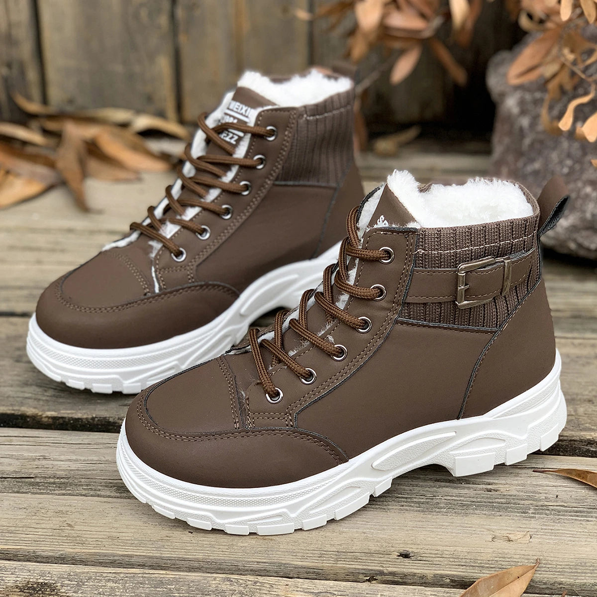 Winter Students Flat Boots Walking Pure Color Lace-up Boots Shoes Casual Sports Shoes Women Warm Boots Mid Heels Shoes Zpaxo Brown 42