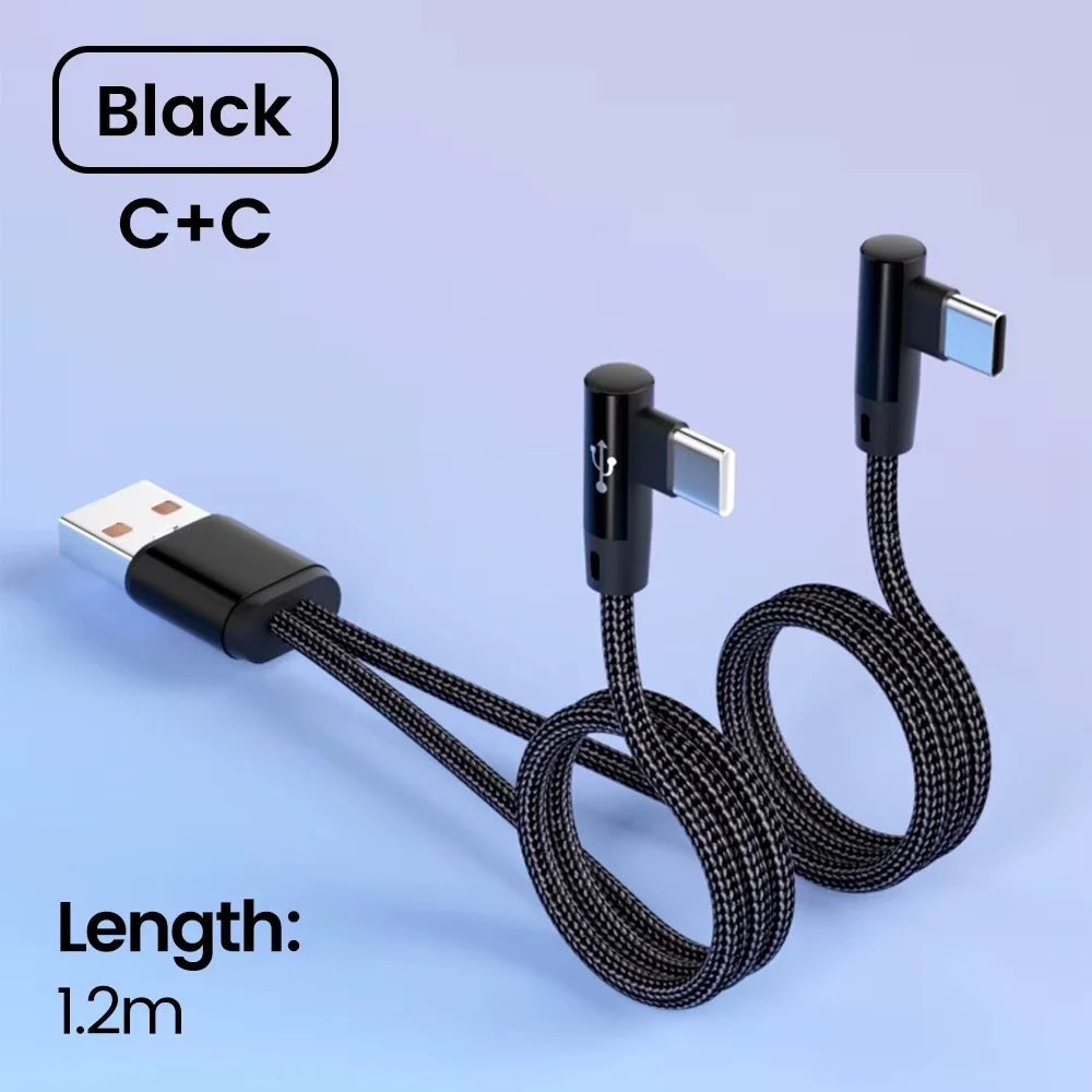 2-in-1 Elbow USB-C Fast Charging Splitter Cable 1.2M USB-C Charging Cable Zpaxo Black 1.2m
