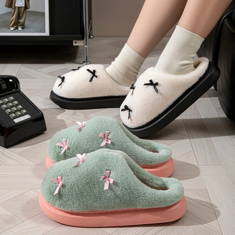 Fashion Women's Bow Slippers Winter Indoor Home Warm Non-slip EVA
