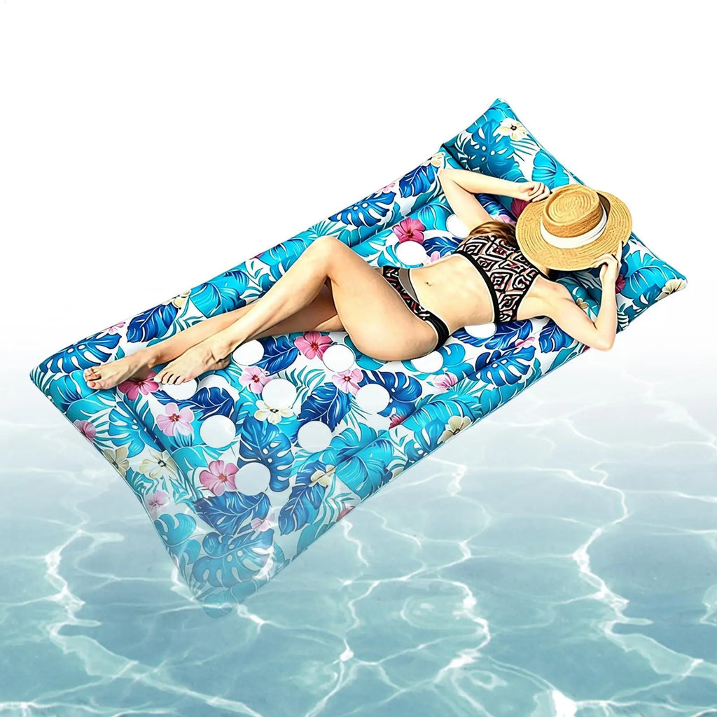 Inflatable Pool Bed Tropical Leaf Print Sunbathing Chair Headrest PVC Zpaxo