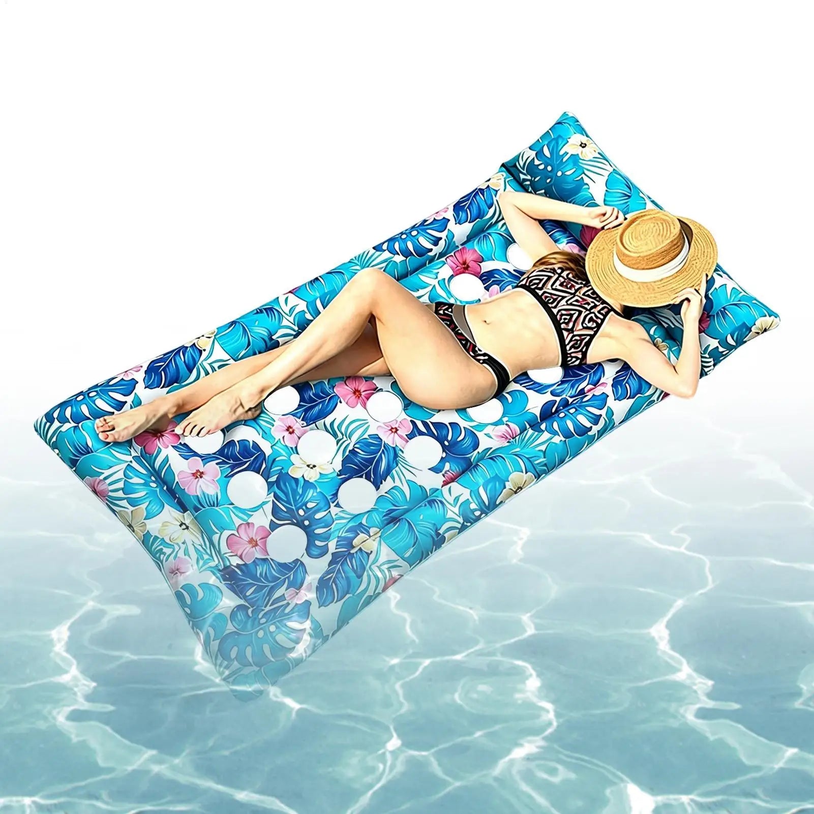 Inflatable Pool Bed Tropical Leaf Print Sunbathing Chair Headrest PVC Zpaxo