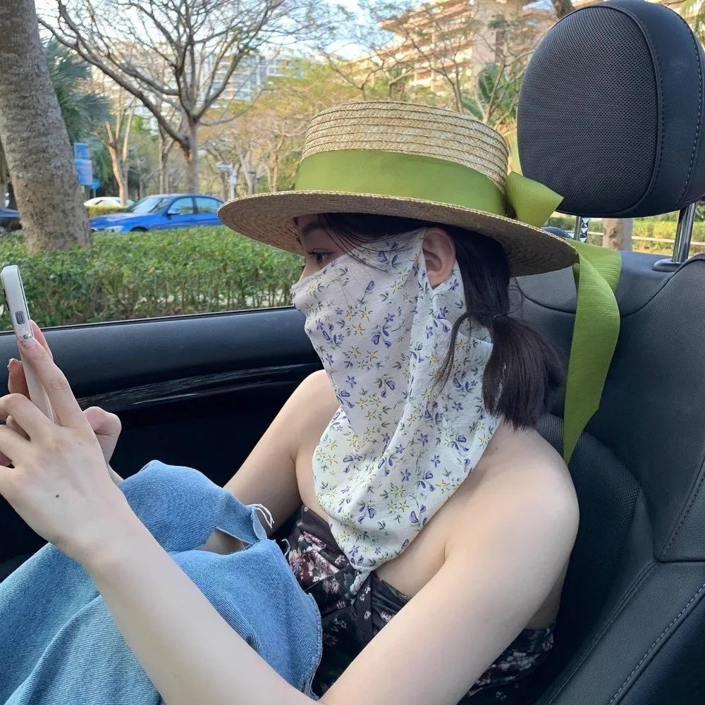 1Pc New Breathable Face Sunscreen Mask Small Floral Print Ear Hook Style UV Resistant Scarf Thin Neck Protector Summer Zpaxo