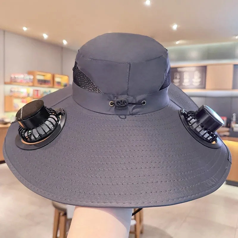 Outdoor Solar Fan Bucket Hat Travel Fishing Sunscreen Big Brim Sun Zpaxo dark gray