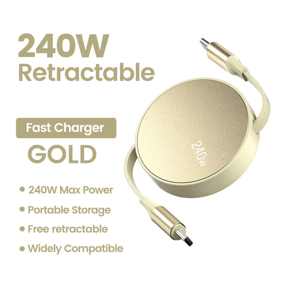 240W PD USB Type C To Type C Cable Retractable Fast Charging USB C Cable For iPhone 15 Huawei Xiaomi Samsung MacBook Data Wire Zpaxo Yellow