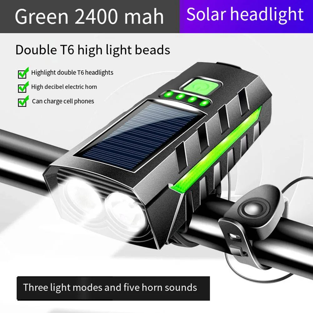 Solar Bike Headlight with 130db Horn MTB Road Bike Front Lamp USB Rechargeable High Beam Bicycle Flashlight Bicycle Accessories Zpaxo Green
