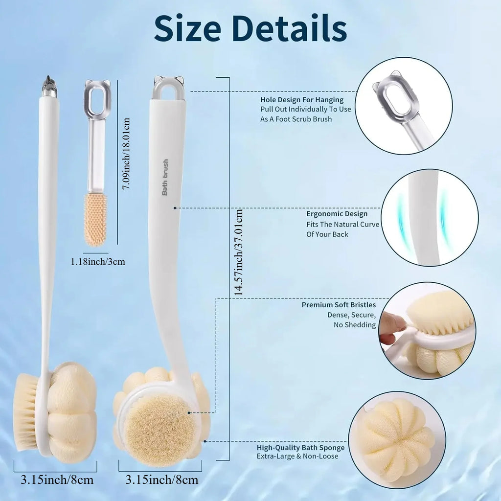 3-in-1 Long Handle Back Scrubber Brush – Loofah & Foot Scrub