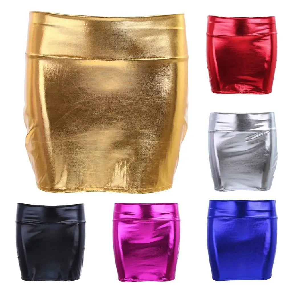Fashion Metallic Bodycon Mini Skirt High Shine PU Leather Party Skirt Body Shaping Elastic Tight Pencil Skirt Party Wear Zpaxo