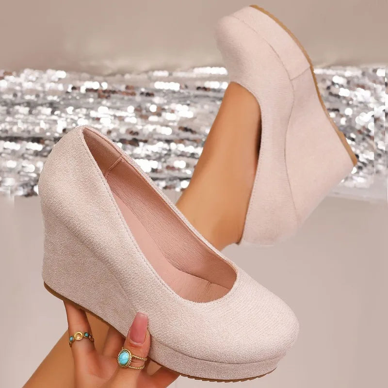 Spring Autumn Women's Round Toe Wedge Heel Fashion Thick Sole Low-cut Zpaxo Beige 39