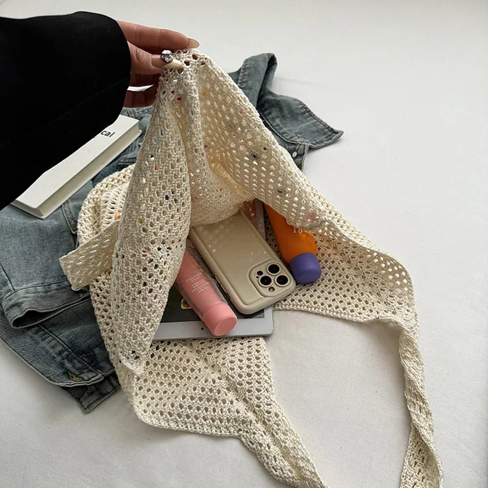 Women Boho Crochet Bag Colored Beads Aesthetic Knit Large Capacity