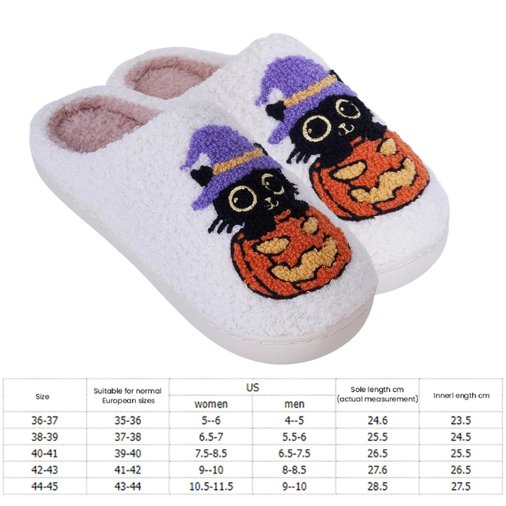 Black Cat Pumpkin Warm Slip-on House Shoes Comfortable Thermal Couple Slippers Non-Slip Fuzzy Closed Toe Slippers for Winter Zpaxo