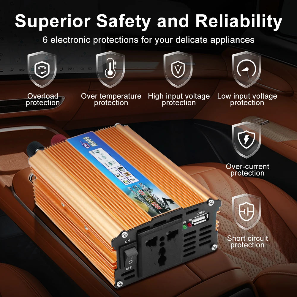 Auto Power Supply Inverter Car 500W DC 12V AC 220V Battery Converter
