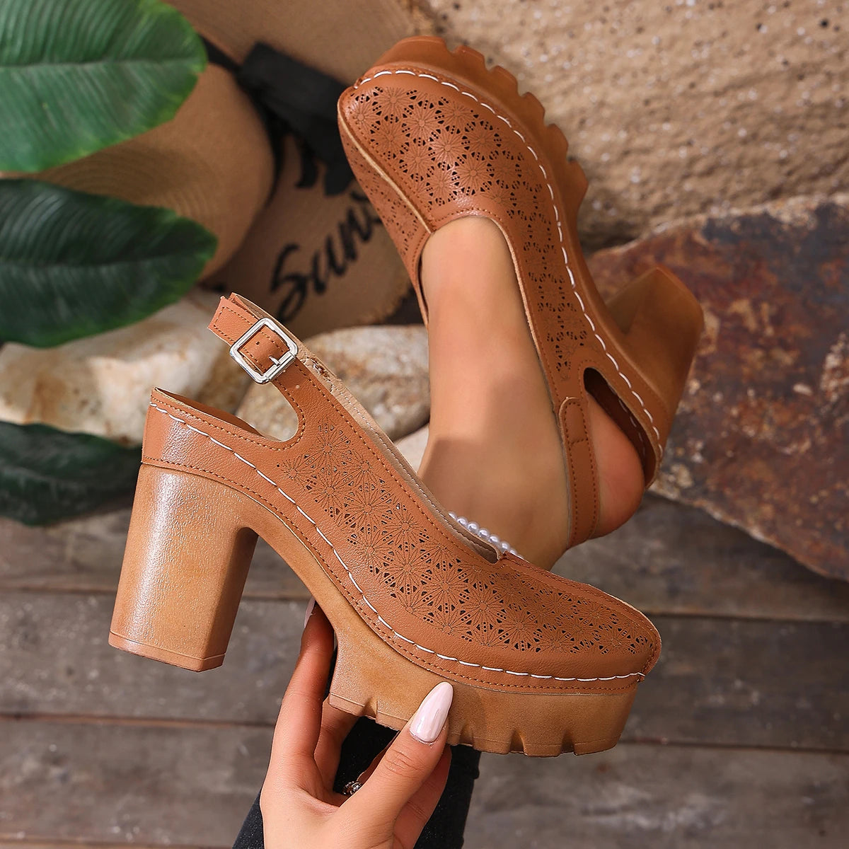 Women Chunky Heel Sandals 2026 New Fashion Hollow Beach Shoes Lightweight High Heeled Sandals Casual Designer Shoes for Women Zpaxo Brown 36