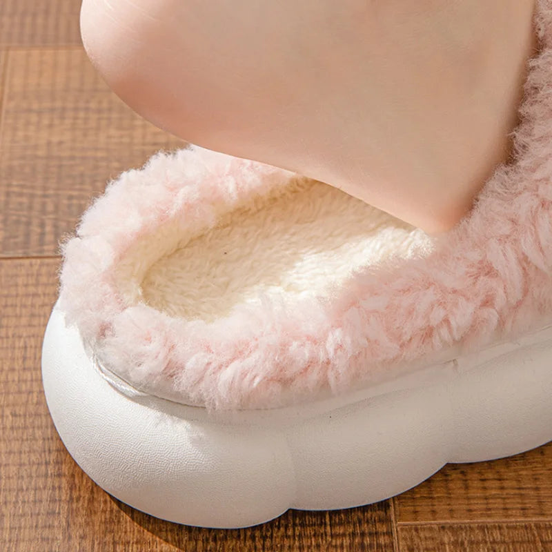 Winter Warm Fur Slippers Women Cute Bow House Non Slip Soft Shoes