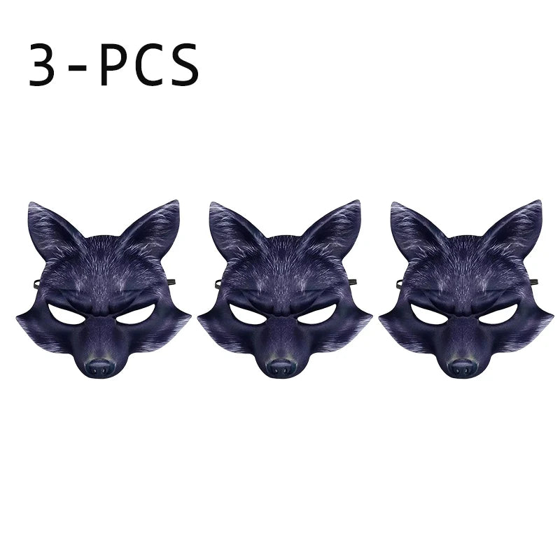 1 3 Half Face Halloween Mask Animal Fox White Wolf Male Female Masks Zpaxo Black-3PCS