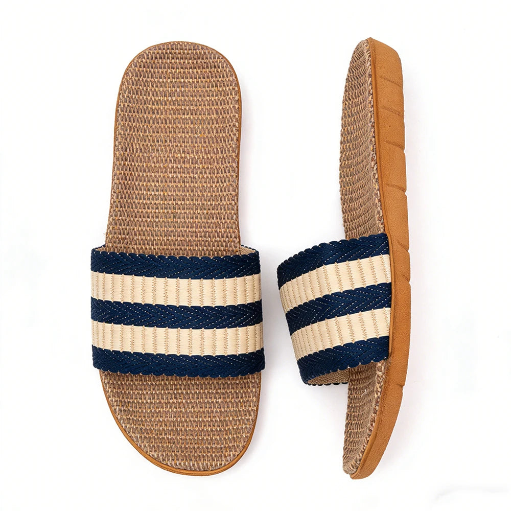 Summer Men Slippers Antislip Home Lightweight Shoes Indoor Linen Soft Zpaxo Blue 44-45