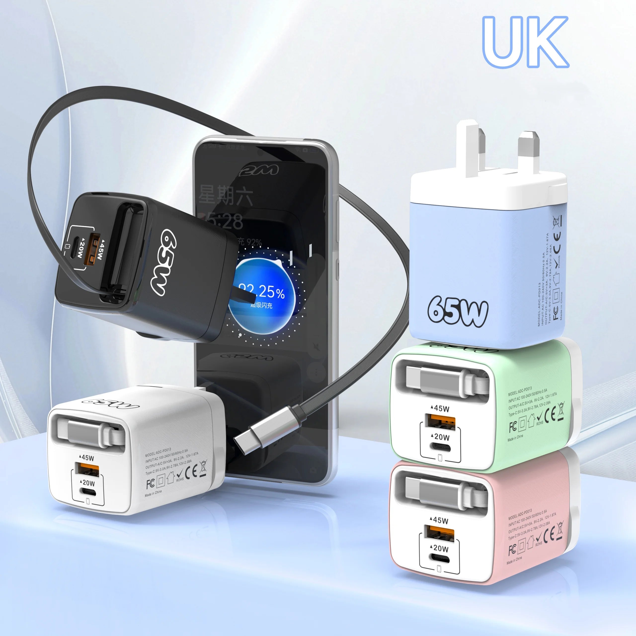 65W PD USB-C Charger & Retractable Cable – Quick Charge 3.0 USB-C Wall Charger Zpaxo UK Plug Green