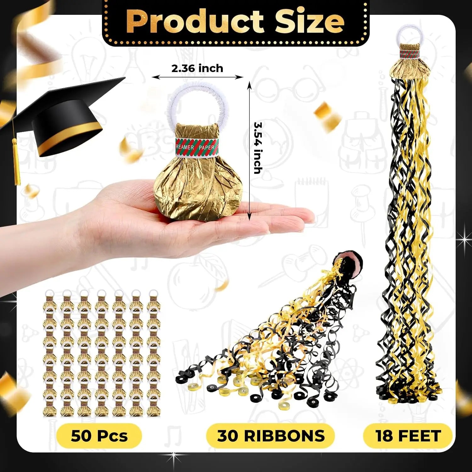 Gold Hand Throw Streamers Popper Black Celebration Graduation