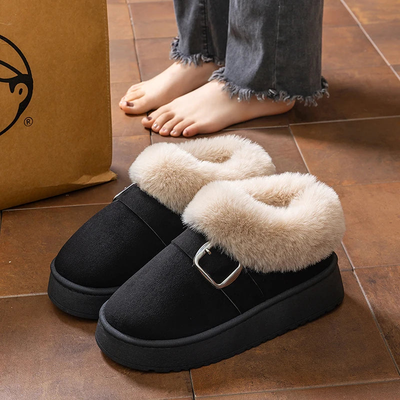 Women's Warm Cotton Shoes Indoor Outdoor Anti-slip Fluffy Fuzzy Zpaxo black 38-39