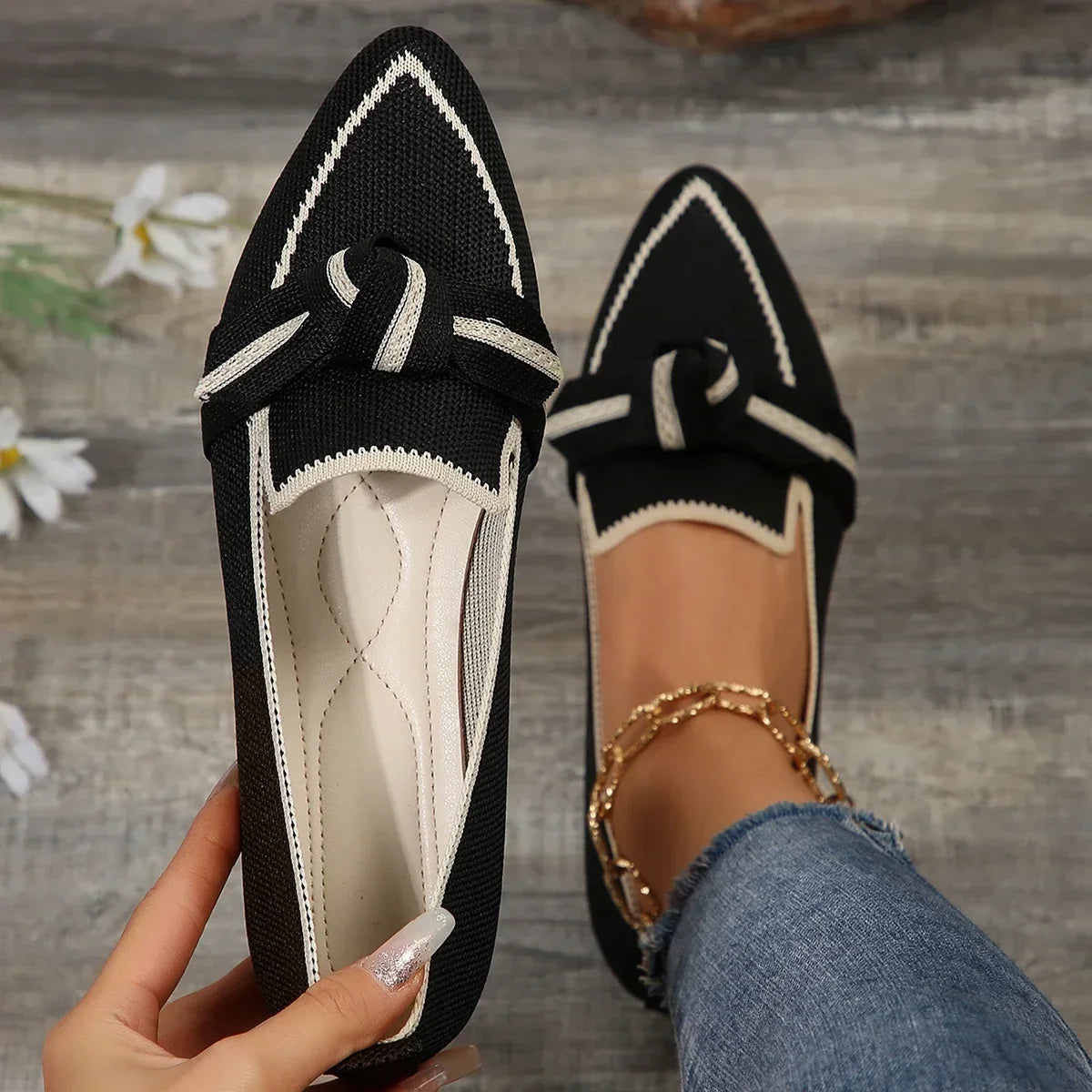 Women Flats 2024 Knitted Slip Breathable Comfortable Solid Shoes Zpaxo black 37