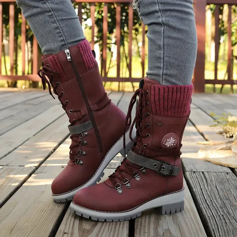Women Snow Boots 2025 New Comfortable Warm Non-slip Shoes for Women Buckle Lace Knitted Mid-calf Boots Low Heel Round Toe Boots Zpaxo Red 37