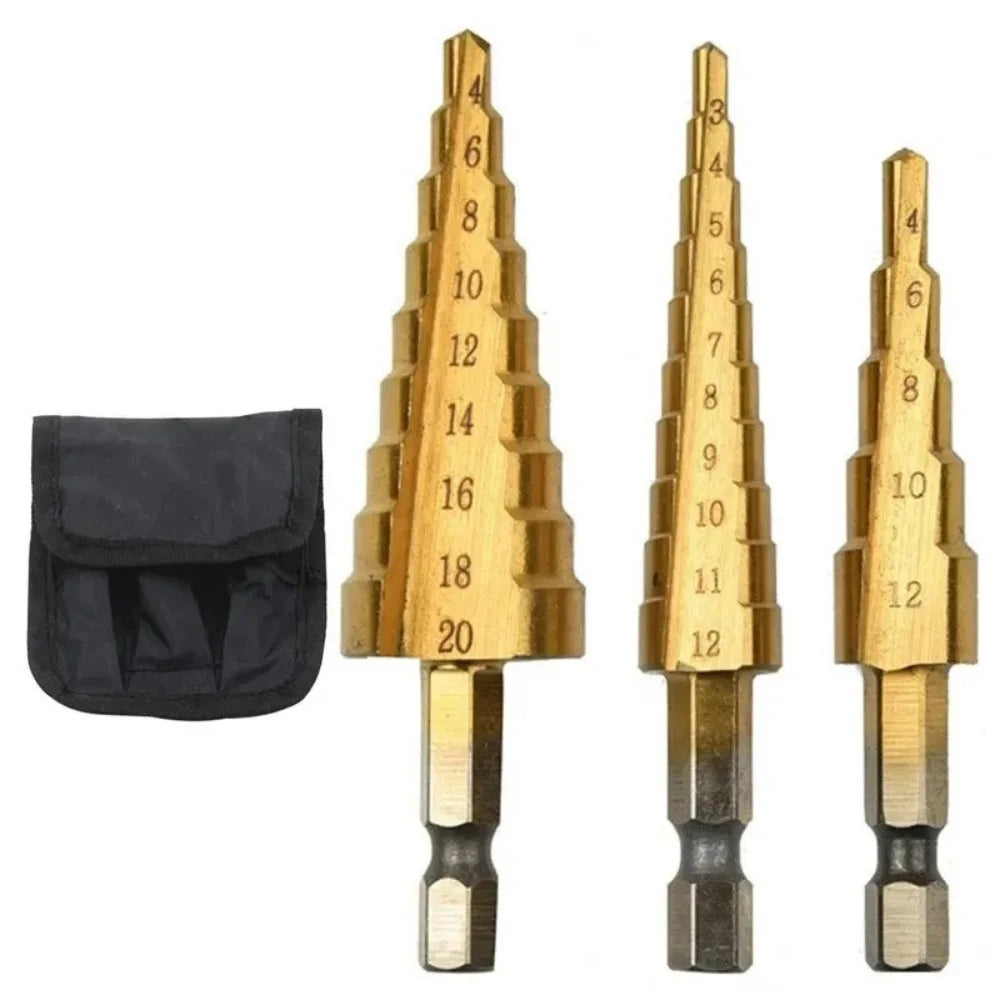 3-Piece Titanium Step Drill Bit Set – 3-12, 4-12, 4-20mm Hex Step Drill Bit Set Zpaxo