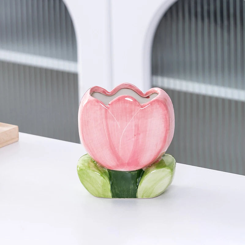 Flower Pen Holder Ceramic Desktop Decoration Cute Girl Desk Office