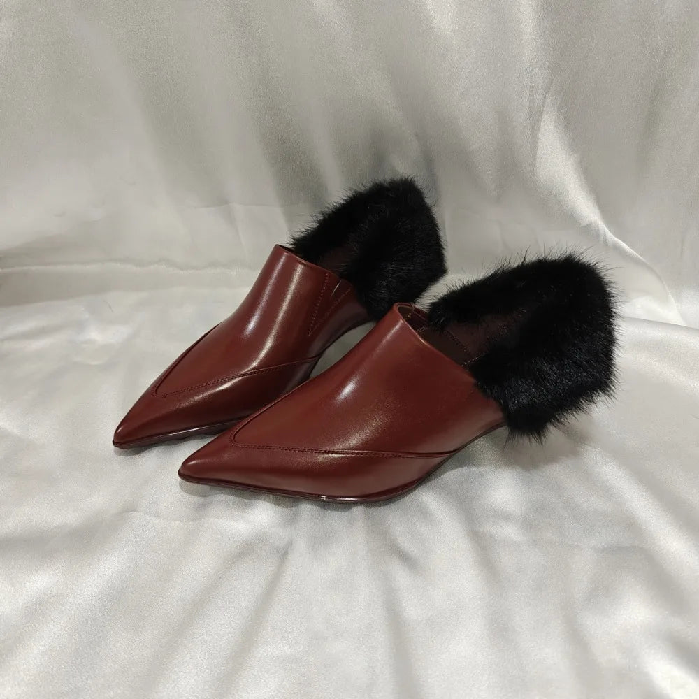 Fur Women Luxury Heeled Shoes Pointed Toe Fashion Dress Pumps Autumn