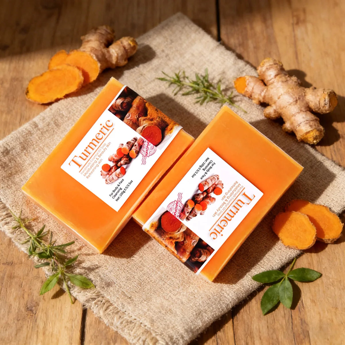 2Pcs 100% Natural Organic Tumeric Skin Whitening Anti Acne Handmade Skin Care Face Body Turmeric Bar Soap Zpaxo 200g