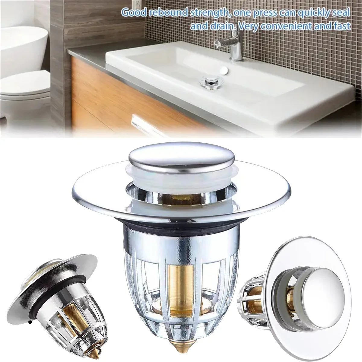 Universal Rebound Drain Plug Filter Basin Pop-up Chrome Sink Hair
