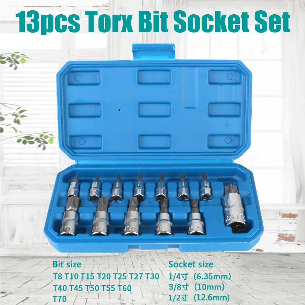 Torx Bit Socket Set For Ratchet Torque Spanner Car Removal Tools 1/4" 3/8" 1/2" Drive Socket Wrench Tools 13 Pcs T8-T70 Zpaxo